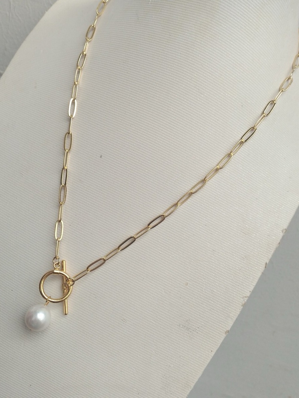 Gold Paperclip Chain Necklace with Pearl Pendant